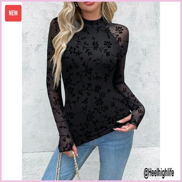Long Sleeve Mesh Blouse Mock Neck Double Lined Fitted Top - Picture 5 of 7